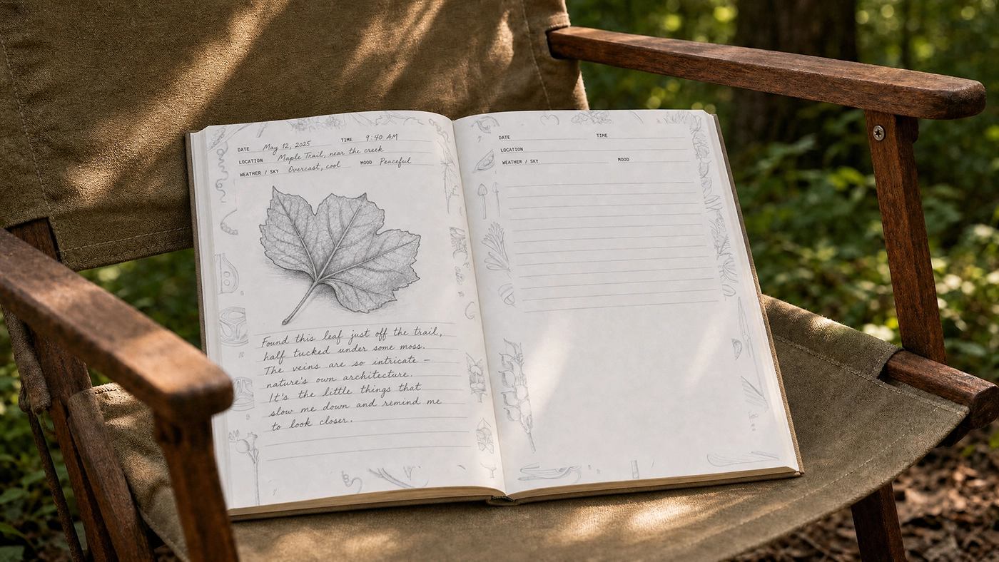 Brambleholt nature journal open on a camp chair, leaf study page