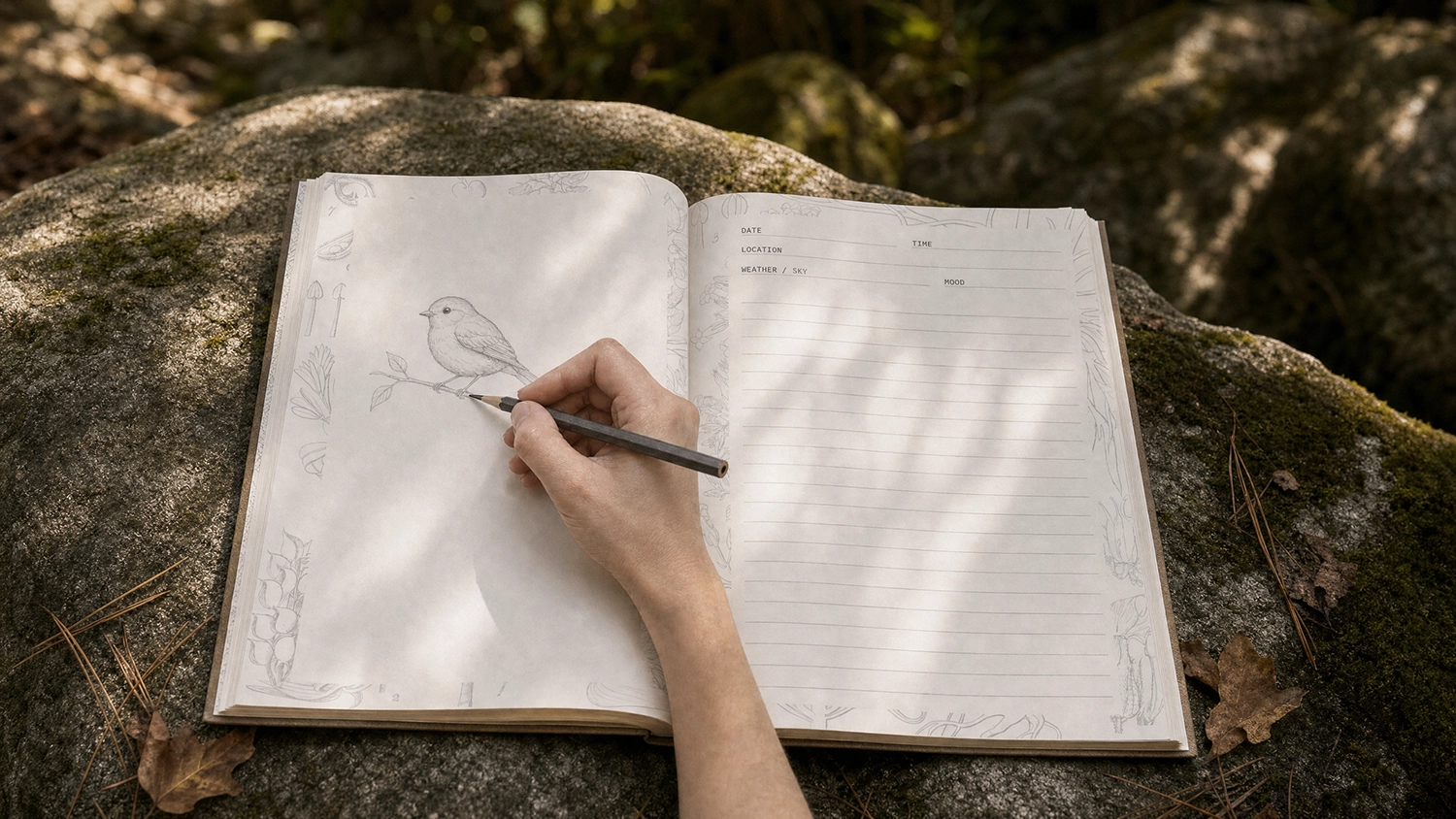 Hand sketching a bird in the Brambleholt journal on a mossy rock