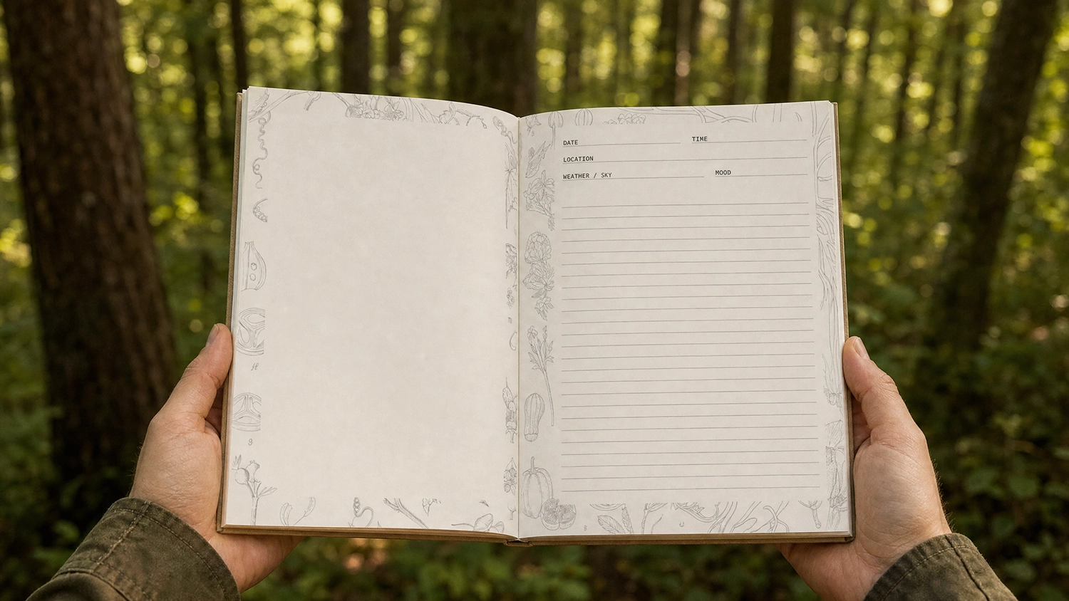 Brambleholt journal held open in a sunlit forest