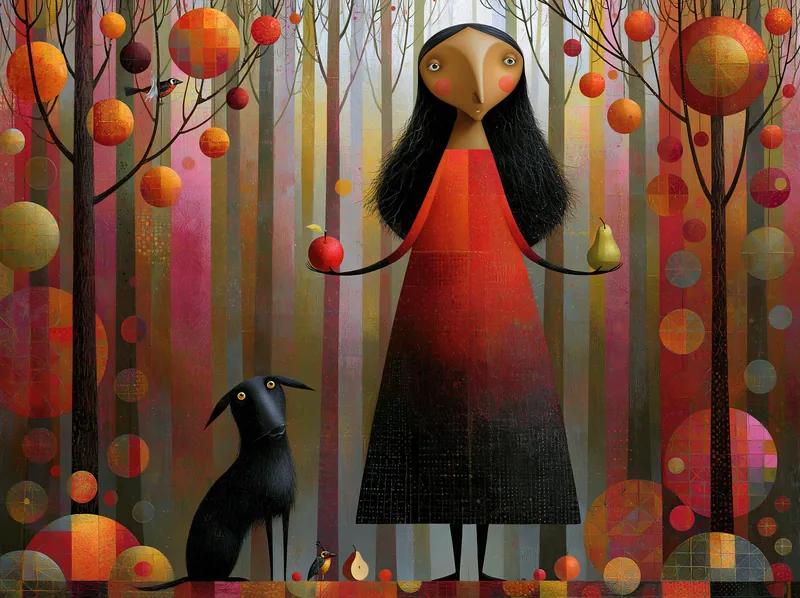Folk-art painting: figure in red with black dog in an orb-hung forest