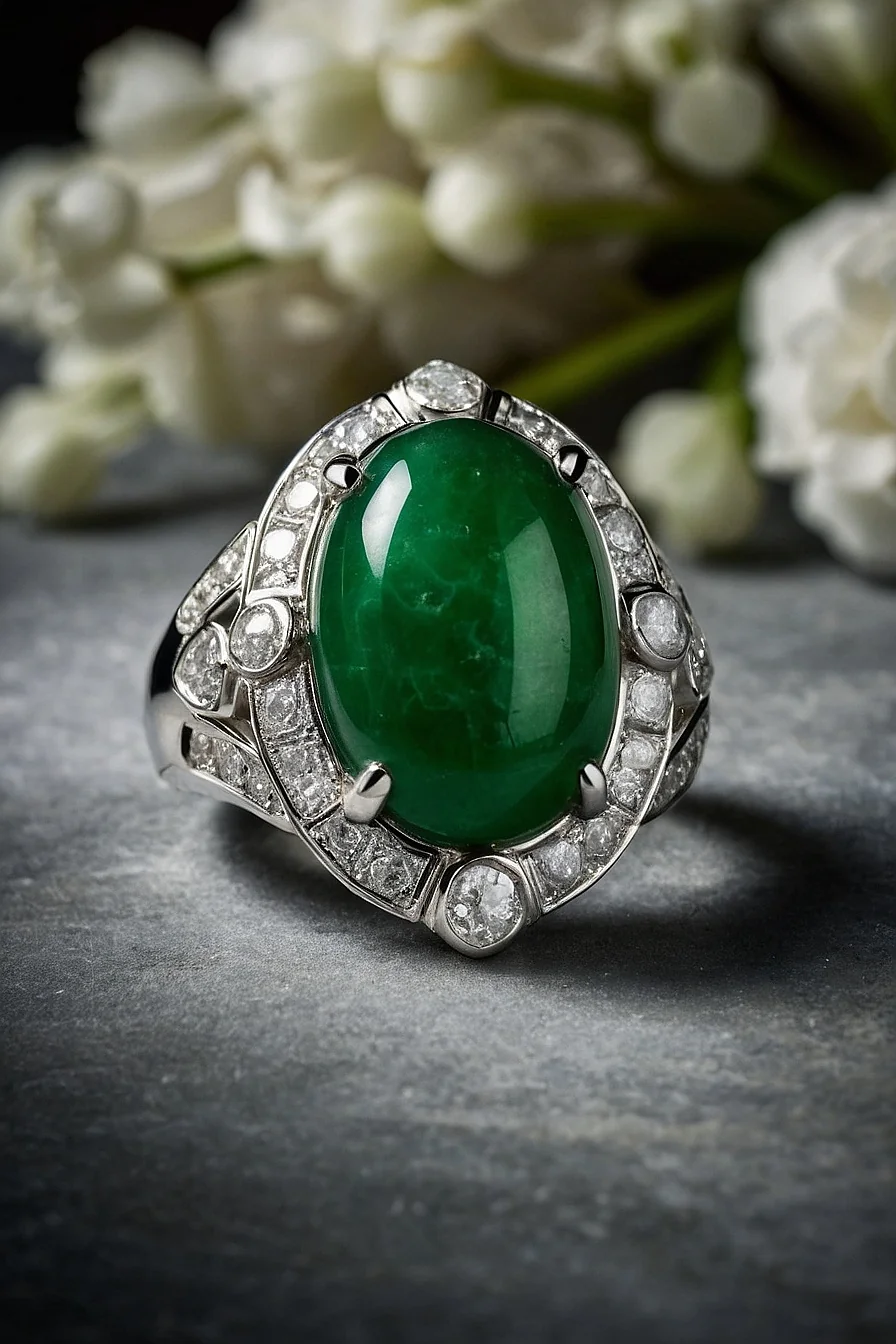 Imperial jade cabochon ring in platinum with diamonds