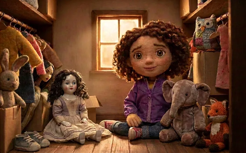 Felted girl with curly hair among dolls and stuffed animals in a toy closet — pre-animation plate