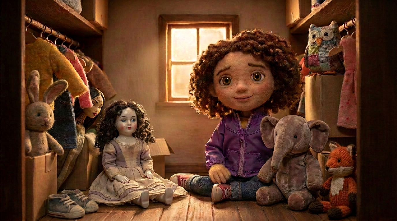 Felted girl with curly hair among dolls and stuffed animals in a toy closet — pre-animation plate
