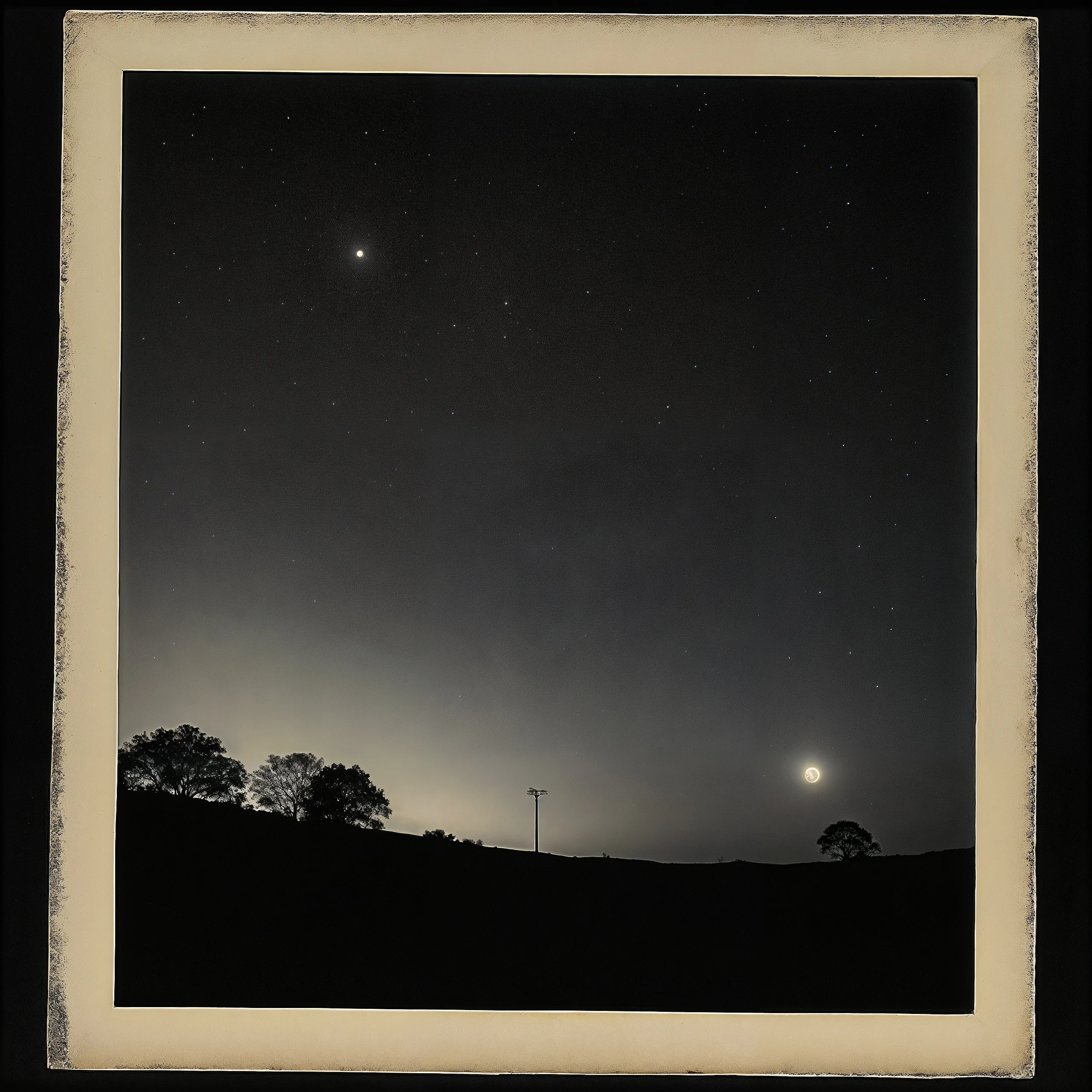 Night sky polaroid — stars and a glowing moon over silhouetted trees