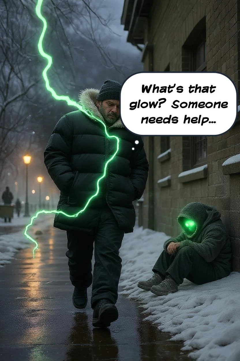 Tethered comic panel: man in winter coat tethered by green energy to a hooded figure in the snow