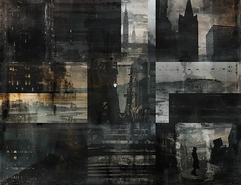 Dark collage of city silhouettes with a lone figure in a hat