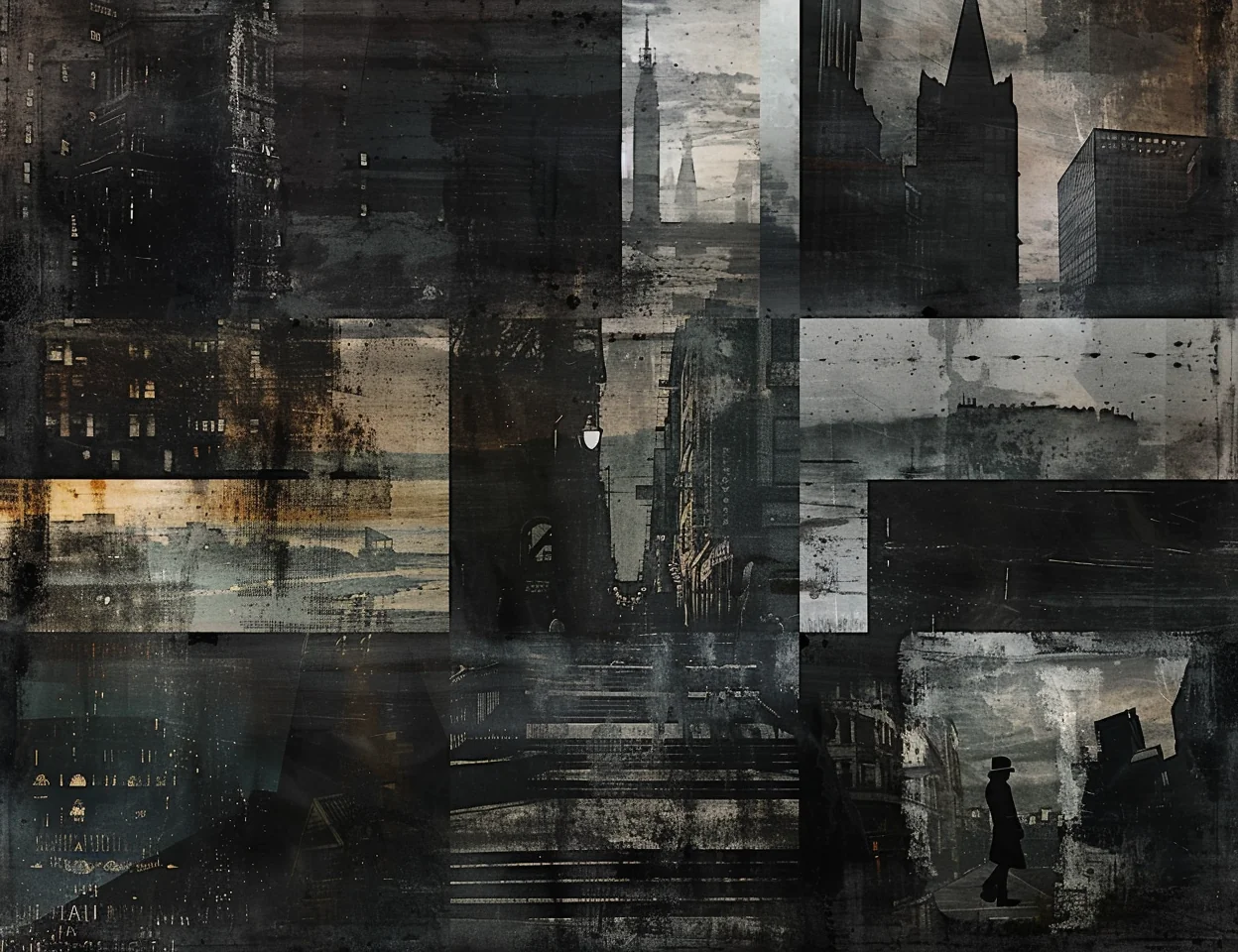 Dark collage of city silhouettes with a lone figure in a hat