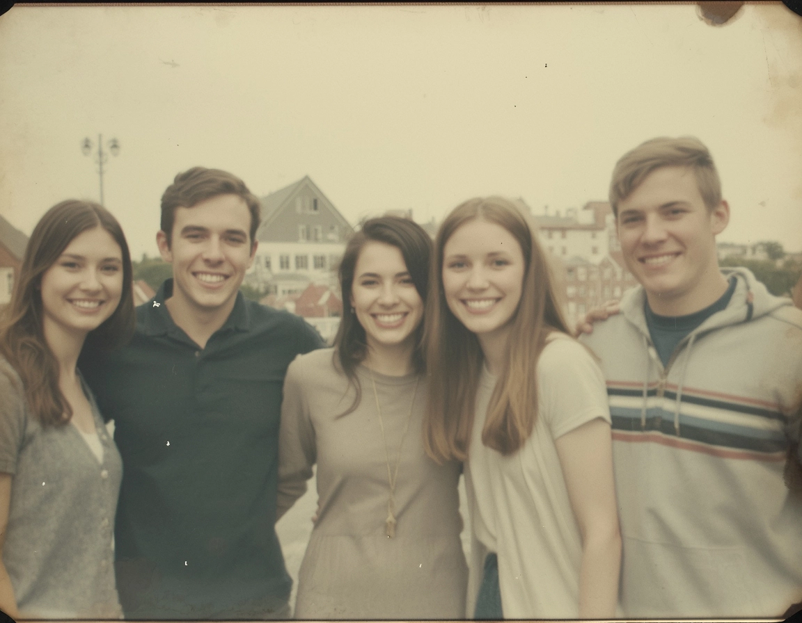 Faded vintage photograph of five smiling friends in a seaside town