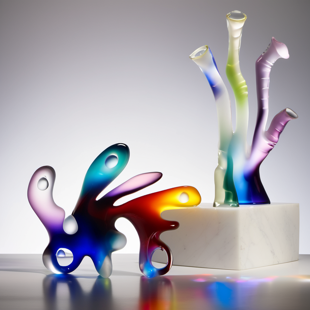 First render — glass sculptures on white marble
