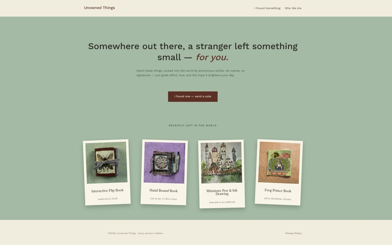 UnownedThings.com — homepage with hand-made objects left in the world