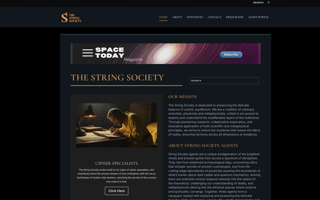 TheStringSociety.com — dark homepage with mission and agents