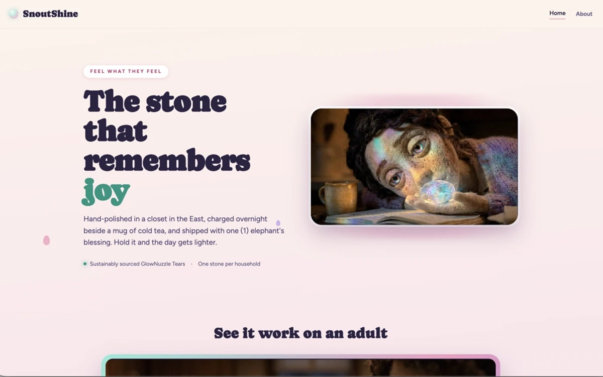 SnoutShine — homepage, the stone that remembers joy