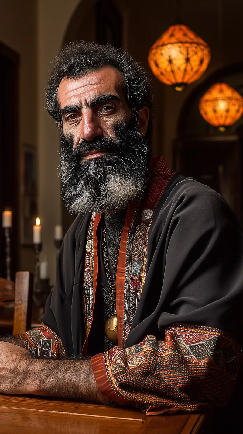 Stringiverse character portrait: bearded man in embroidered robes