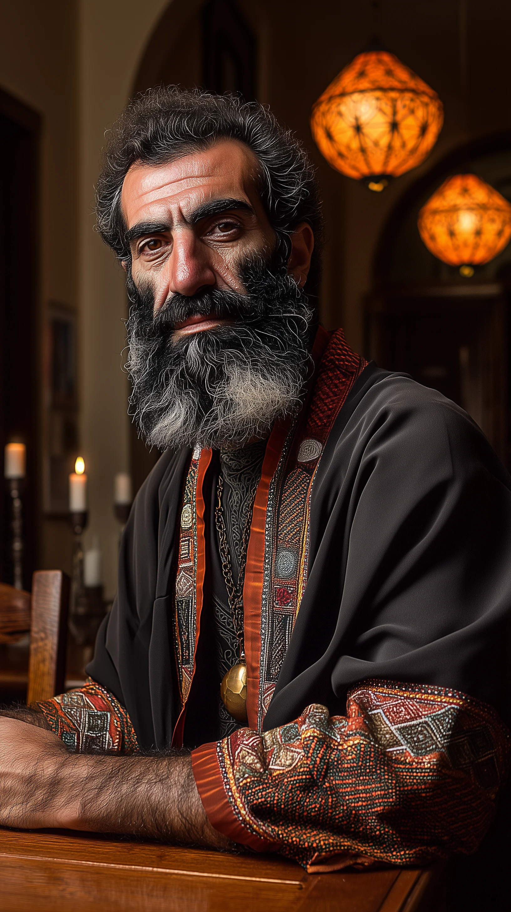 Stringiverse character portrait: bearded man in embroidered robes